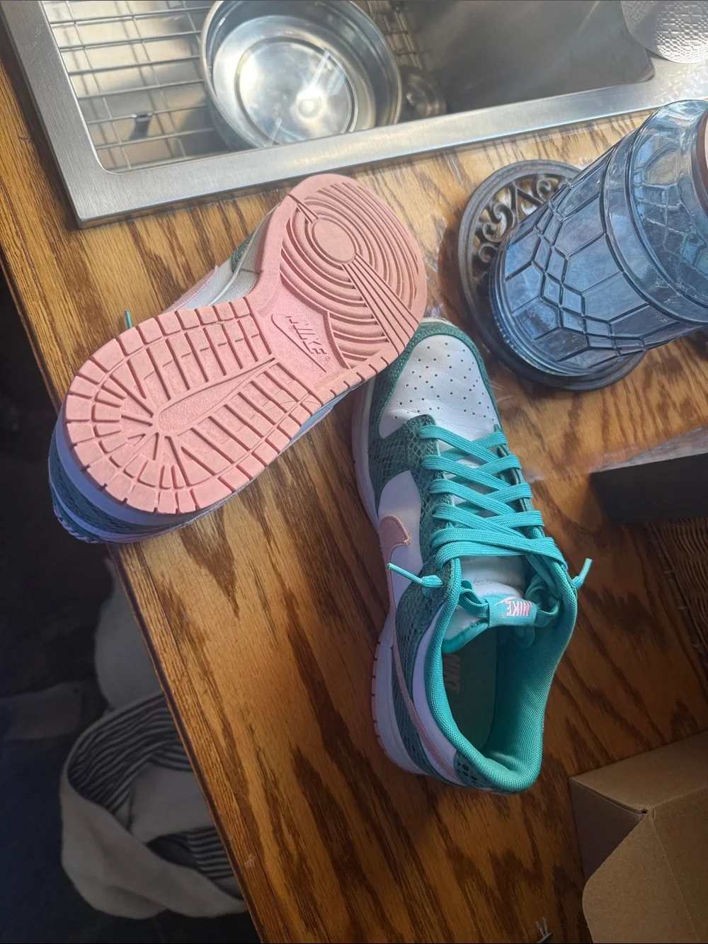 Men’s Nike teal and pink snake skin Dunks